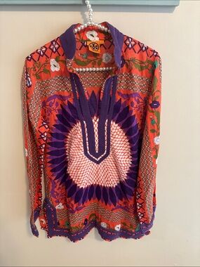 Tory Burch Giverny Engineer Print Tunic Top Cotton Orange Purple Size 12